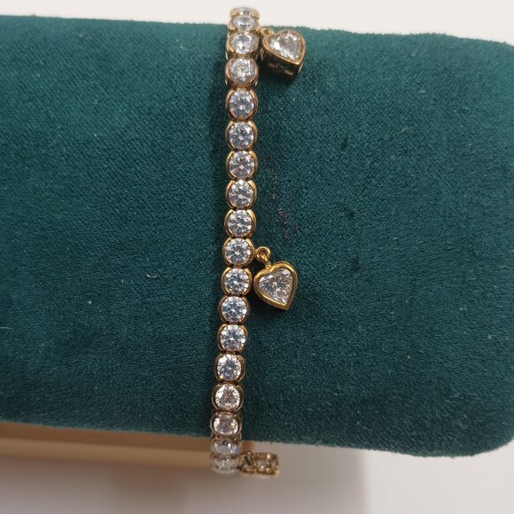 CZ Goldtone 925 Sterling Silver Tennis Bracelet with Dangle Hearts. - Picture 1 of 5